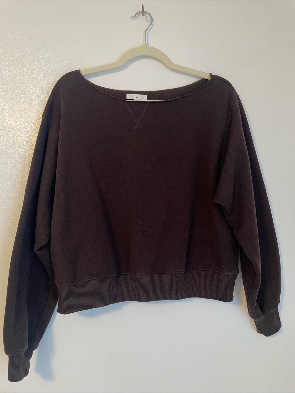 Dark brown sweatshirt with off shoulder/boat neckline size small BP